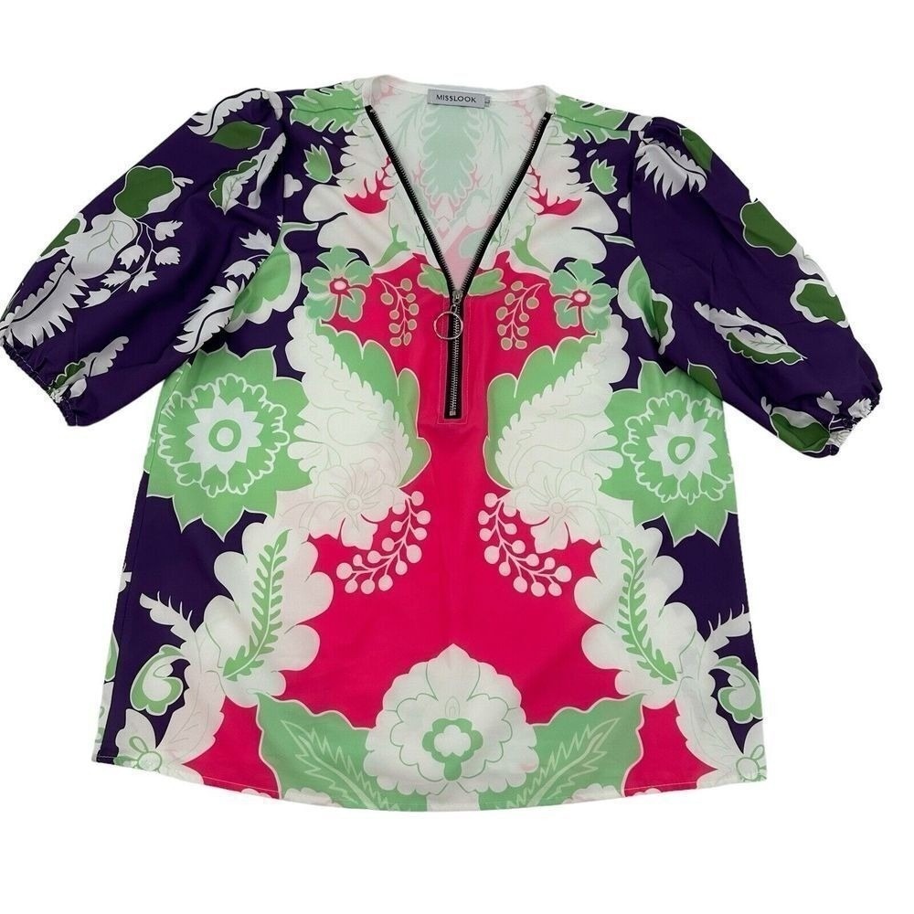 Misslook Floral Print Puff Sleeve Zipper V Neck Tunic Top Colorful Women Size L